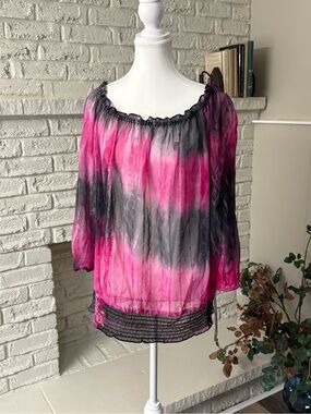 NWT Peter Nygard Sheer Tie Dye Peasant Blouse Pink Black Size 14